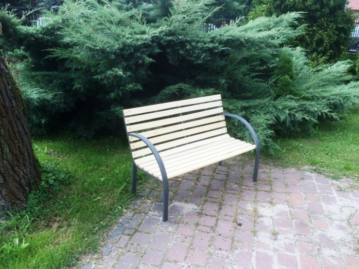 Banca de gradina din lemn, cadru din otel cu spatar, 120x60x80 cm, maro natur [10]