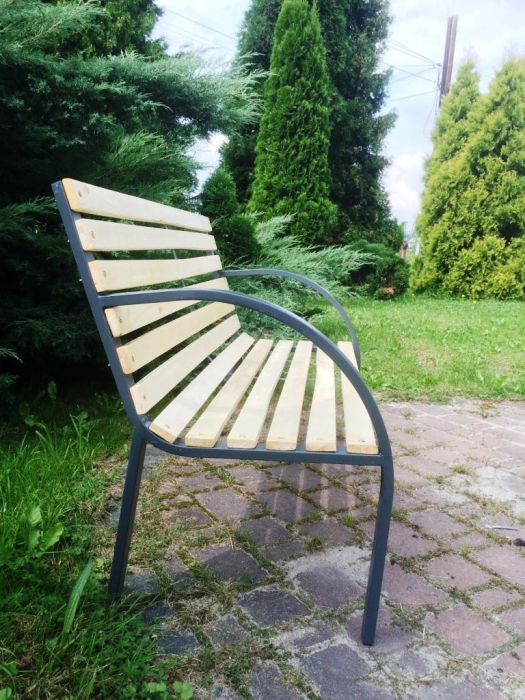 Banca de gradina din lemn, cadru din otel cu spatar, 120x60x80 cm, maro natur [8]