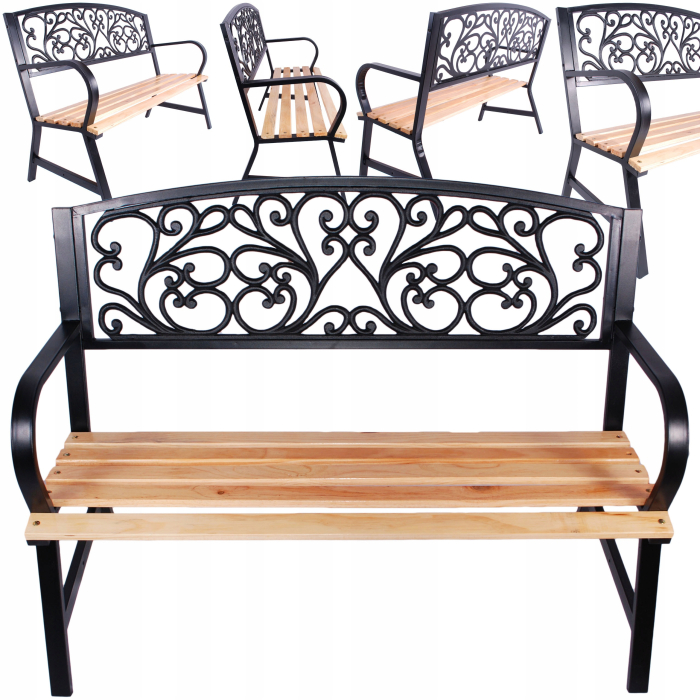 Banca de gradina din lemn si cadru otel, cu spatar decorativ, 120x56x87 cm, negru si maro natur [5]
