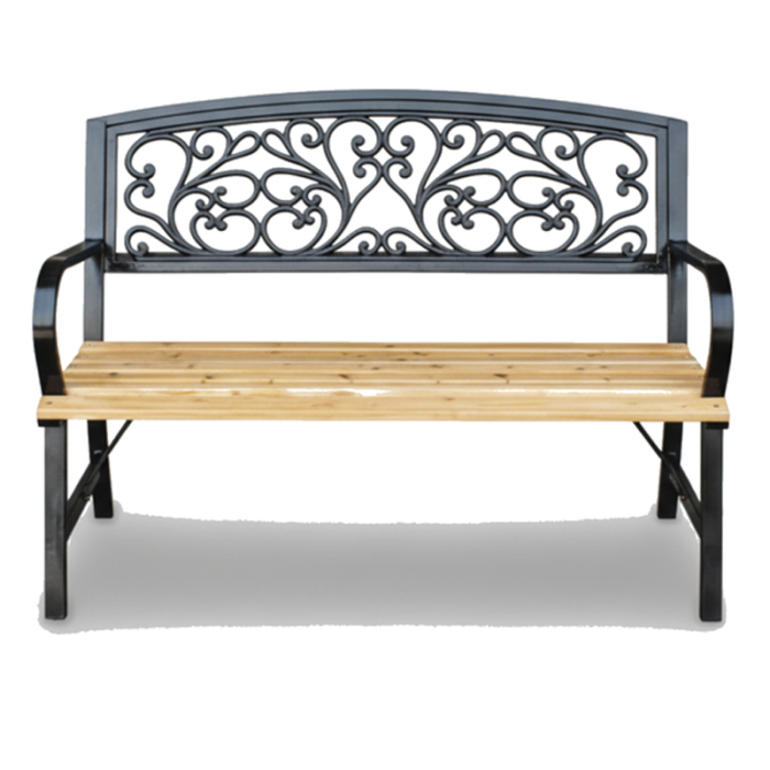 Banca de gradina din lemn si cadru otel, cu spatar decorativ, 120x56x87 cm, negru si maro natur [9]
