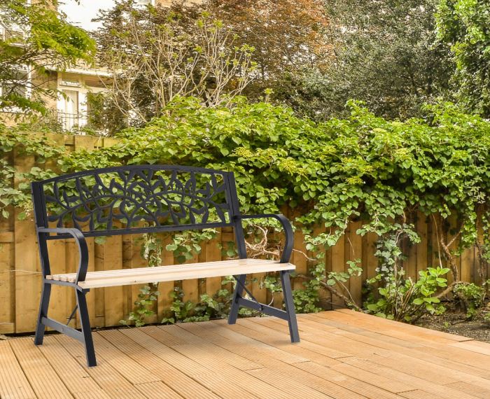 Banca de gradina din lemn si cadru otel, cu spatar decorativ, 120x56x87 cm, negru si maro natur [6]