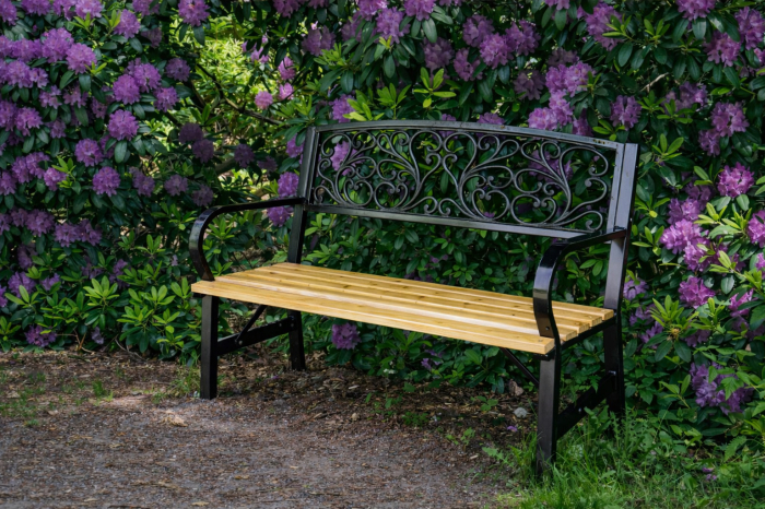 Banca de gradina din lemn si cadru otel, cu spatar decorativ, 120x56x87 cm, negru si maro natur [8]