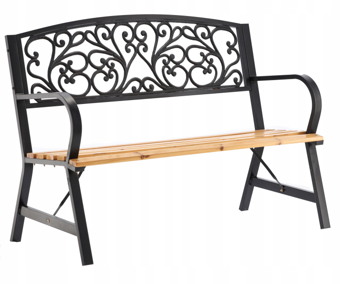 Banca de gradina din lemn si cadru otel, cu spatar decorativ, 120x56x87 cm, negru si maro natur [2]
