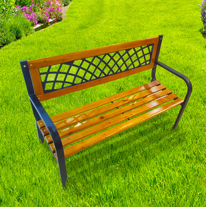 Banca de gradina din lemn si otel cu spatar decorativ, 120x53x73 cm, negru si maro natur [4]