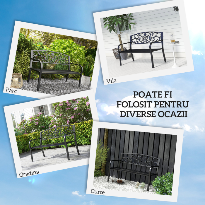  Banca de gradina din metal cu spatar decorat, 127x60x87cm - negru [4]