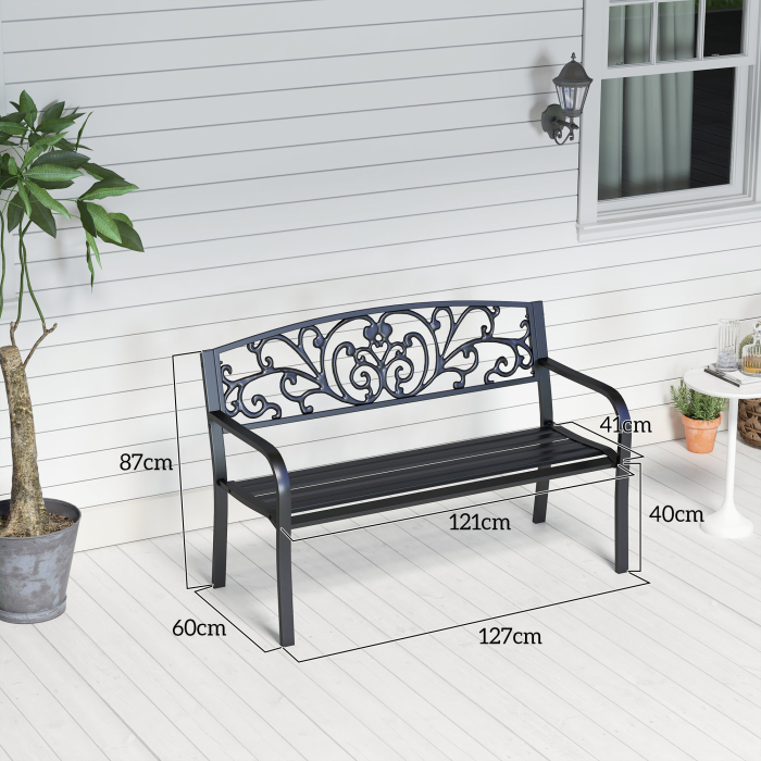  Banca de gradina din metal cu spatar decorat, 127x60x87cm - negru [3]