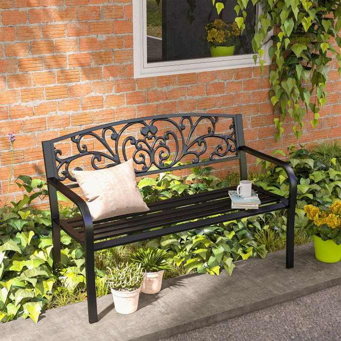  Banca de gradina din metal cu spatar decorat, 127x60x87cm - negru [2]