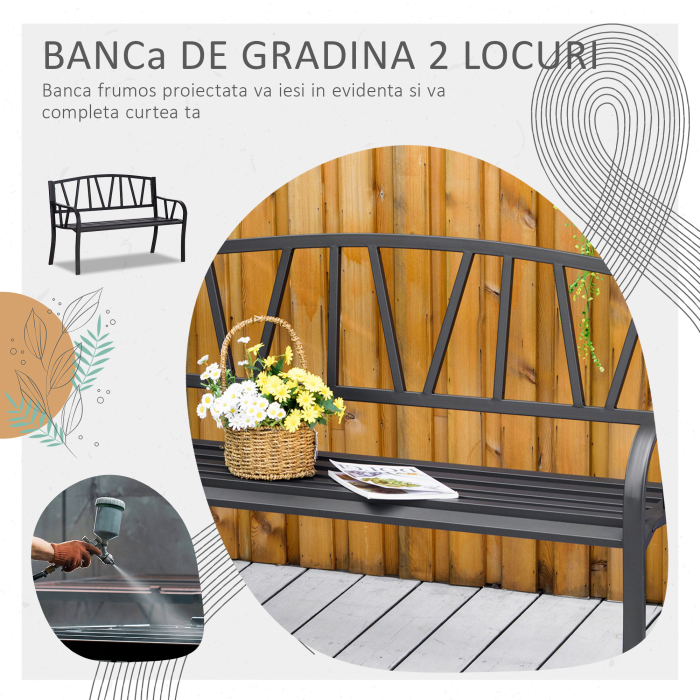  Banca de Gradina din Metal Negru cu 2 Locuri Banca de Exterior [6]