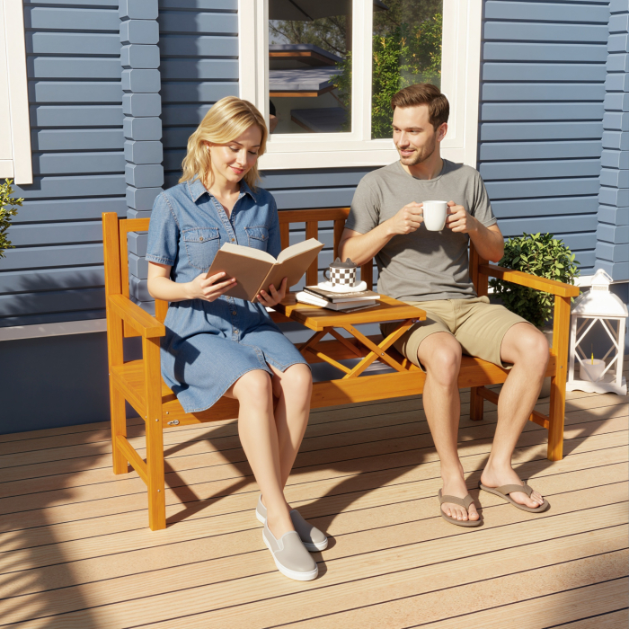  Banca de Gradina pentru 2-3 Persoane din Lemn de Pin, Banca de Exterior cu Masuta Rabatabila si Brate, pentru Balcon, Terasa si Gradina, 153x56x91 cm, Maro Deschis [2]