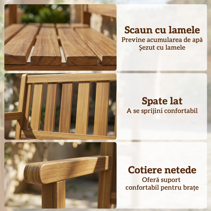 Banca de Gradina pentru 2 Persoane, Banca de Exterior cu Lamele din Lemn de Molid, Stil Country, Banca pentru Terasa, Patio si Curte, 150x57x93 cm, Culoare Teak [6]