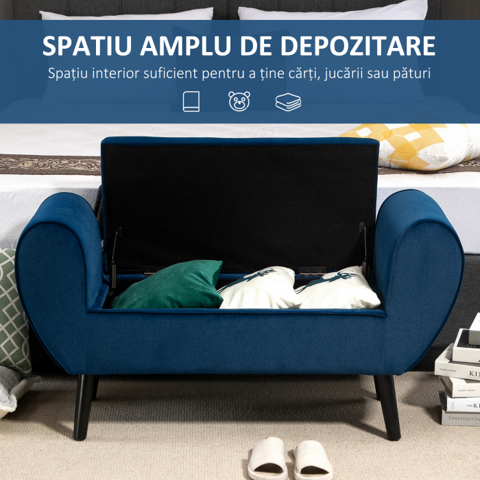  Banca Depozitare Capitonata pentru Dormitor si Hol, Banca Capatul patului din Tesatura Catifelata cu Cotiere, 118x42x66cm, Albastru inchis [4]
