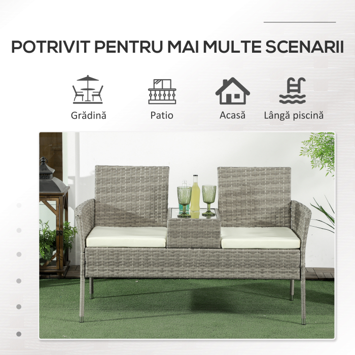  Banca din ratan pentru 2 persoane pentru gradina, scaun impletit pentru curte cu masa de ceai din sticla [7]