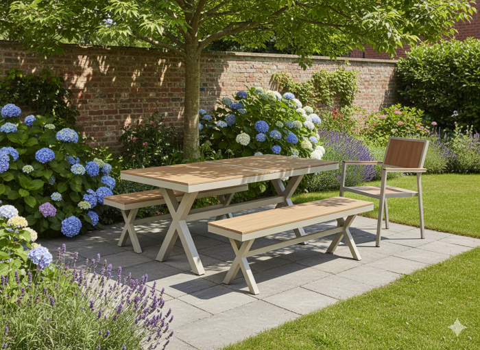 Banca gradina aluminiu sezut aspect lemn maxim 200 kg, 150x36x47 cm, rezistenta intemperii, bej [3]