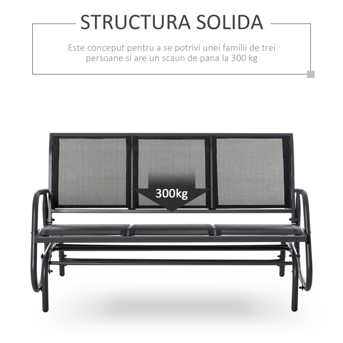  Banca Leagan de Gradina cu 3 locuri, schelet Metalic si Tesatura transpiranta, Negru [6]