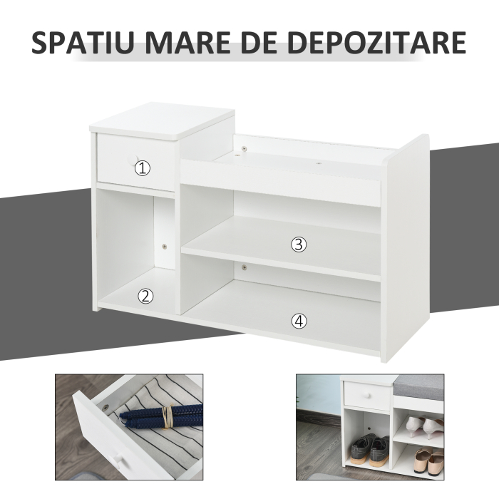 Banca Pantofar Alb - Lemn cu Perna, Sertar & 3 Compartimente [4]