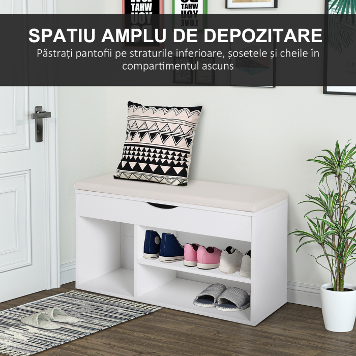  Banca Pantofi Alba 80×30×47 cm - Cu Sertar & sezut Rabatabil [5]