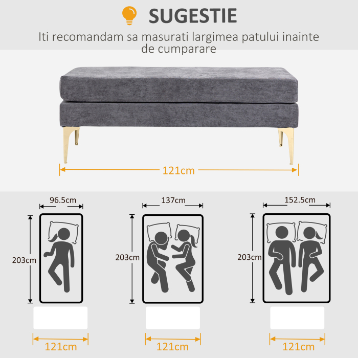  Banca pentru Capatul Patului cu Doua Niveluri, din tesatura cu Efect de Catifea si Otel, 121x50,5x46,5 cm, Gri inchis si Auriu [7]