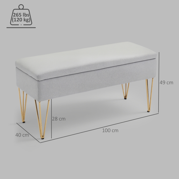  Banca pentru capatul patului cu spatiu de depozitare, din material textil si picioare din otel, 100x40x49 cm, gri deschis [3]