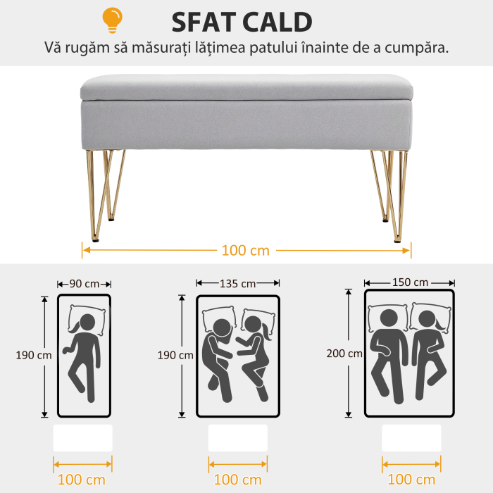  Banca pentru capatul patului cu spatiu de depozitare, din material textil si picioare din otel, 100x40x49 cm, gri deschis [7]