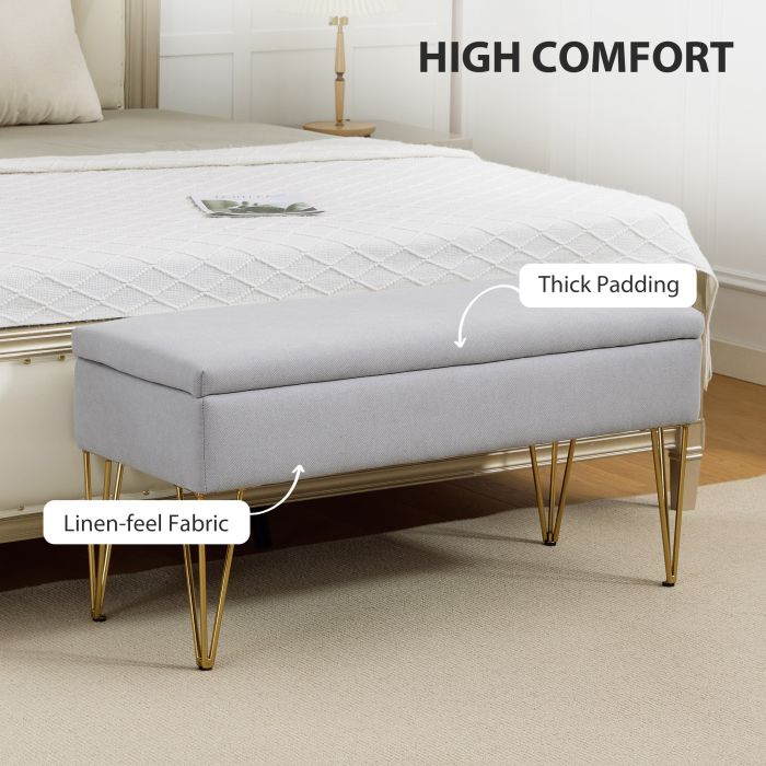  Banca pentru capatul patului cu spatiu de depozitare, din material textil si picioare din otel, 100x40x49 cm, gri deschis [4]