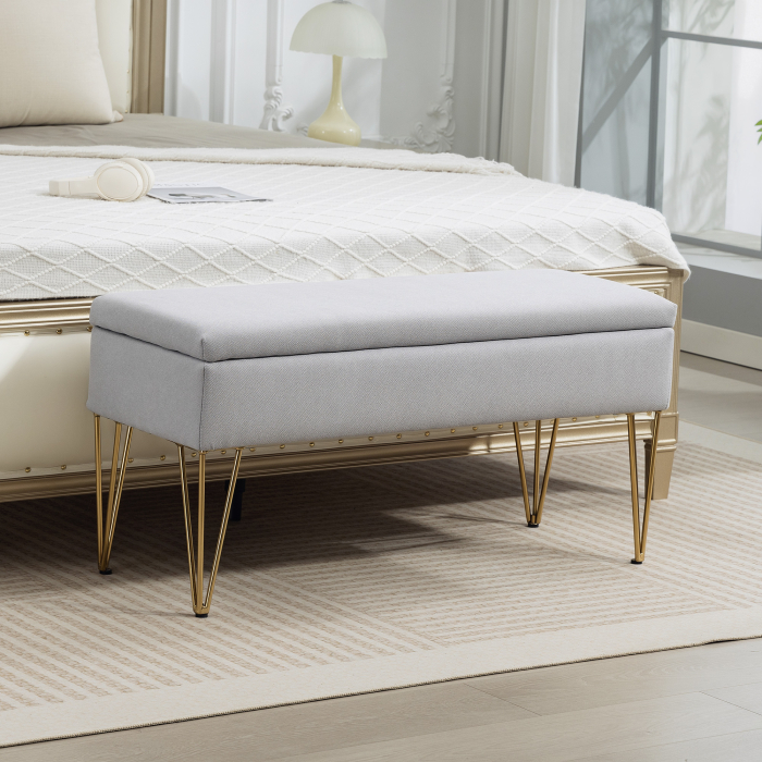  Banca pentru capatul patului cu spatiu de depozitare, din material textil si picioare din otel, 100x40x49 cm, gri deschis [2]