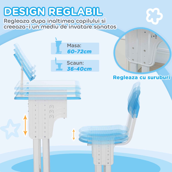  Banca pentru Copii 6-12 Ani, cu inaltime Reglabila, Suport pentru Carti si Raft, 60x45x90-102 cm, Albastru [6]
