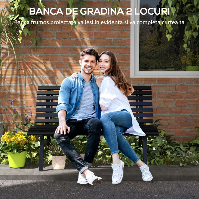  Banca pentru Gradina, Banca de Exterior pentru Terasa cu sezut si Spatar cu Lamele, 123x67x79 cm, Negru [4]