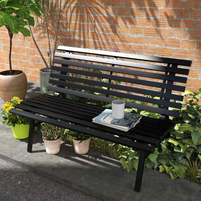  Banca pentru Gradina, Banca de Exterior pentru Terasa cu sezut si Spatar cu Lamele, 123x67x79 cm, Negru [2]