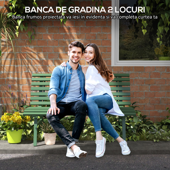  Banca pentru Gradina, Banca de Exterior pentru Terasa cu sezut si Spatar cu Lamele, 123x67x79 cm, Verde [4]