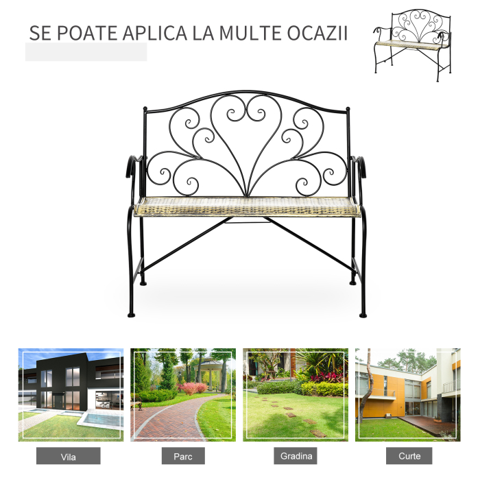  Banca pentru Gradina din Fier Stil Vintage 2 Locuri Negru [4]