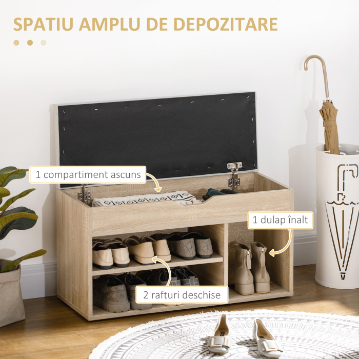  Banca pentru Pantofi cu 3 Compartimente, Spatiu Ascuns si sezut din Piele PU, 80x30x43 cm, Lemn Natural [5]