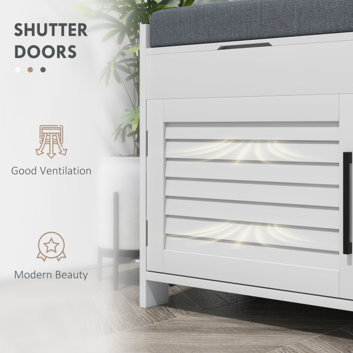  Banca pentru pantofi cu raft interior reglabil pe 3 niveluri, din MDF si material textil cu aspect de in, 90x36x50 cm, alb si gri [7]