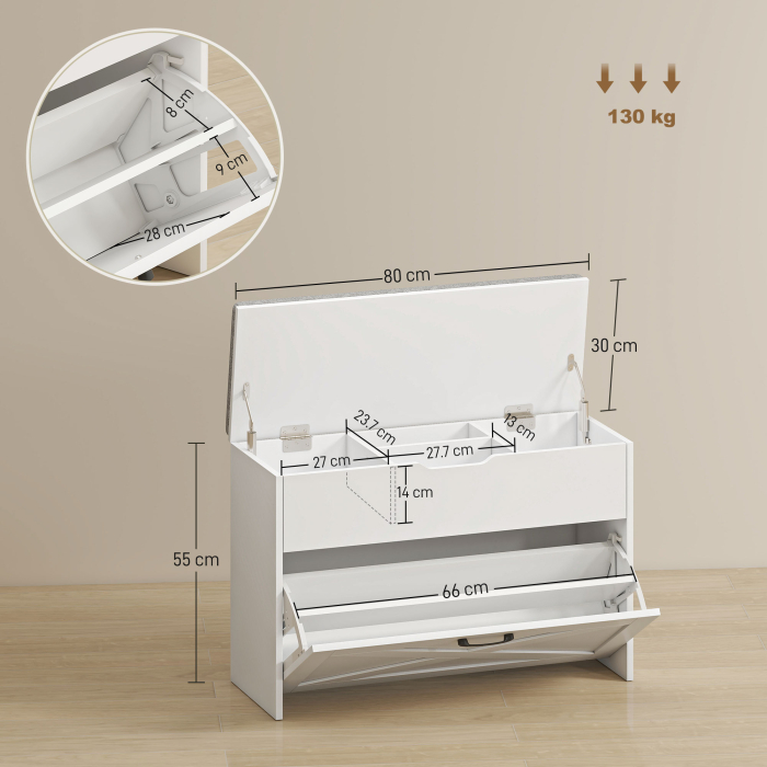  Banca pentru Pantofi cu Sertar Rabatabil si Compartiment de Depozitare, Capacitate 8 Perechi de Pantofi, 80x30x55 cm, Alb [3]