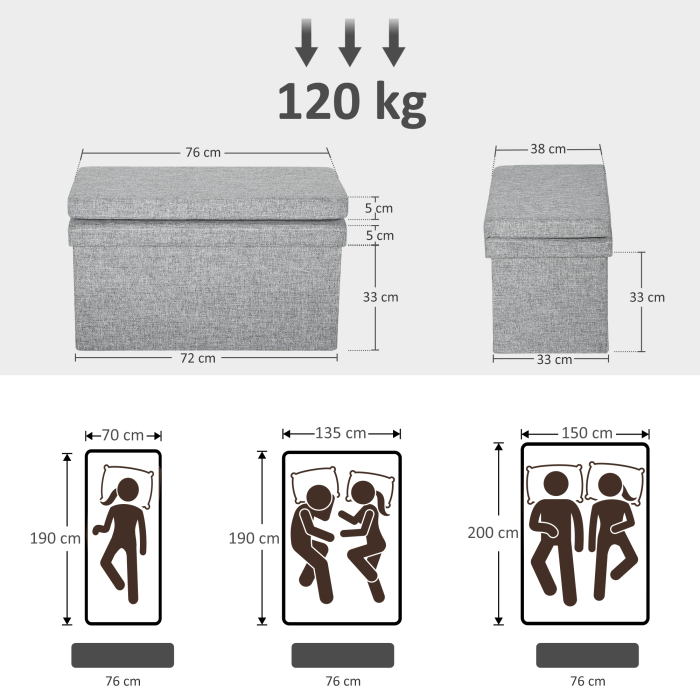  Banca Pliabila cu Spatar si Compartiment de 77L, Acoperire din tesatura, 76x50x73 cm, Gri [3]
