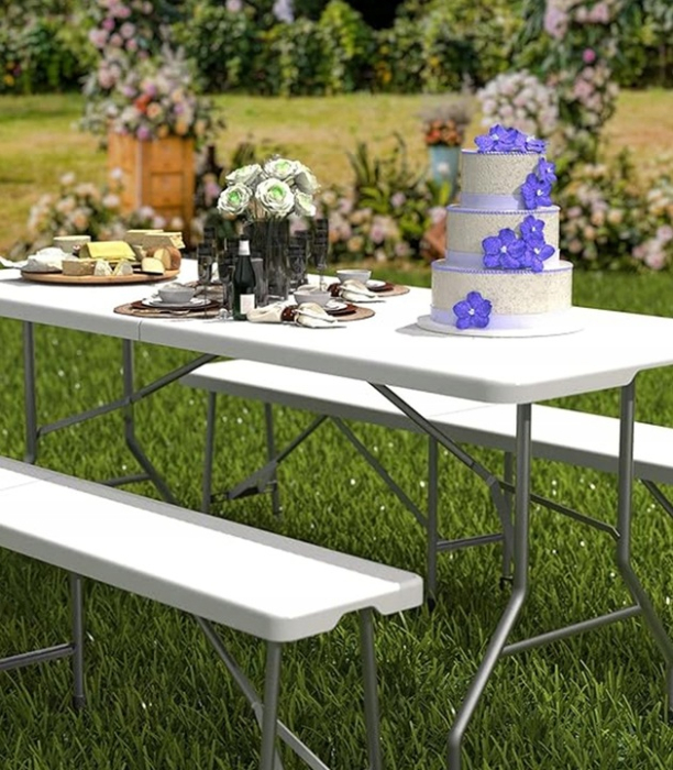 Banca pliabila pentru evenimente si catering, 183x28x43 cm, din HDPE si otel, alb [4]