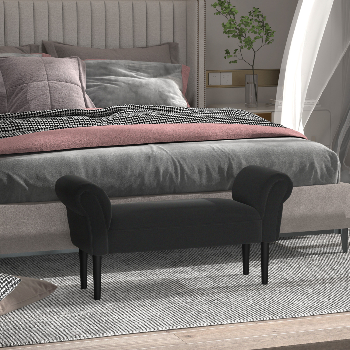  Banca Tapitata pentru Capatul Patului cu Brate Rulate, 102x35x51cm, Negru [2]