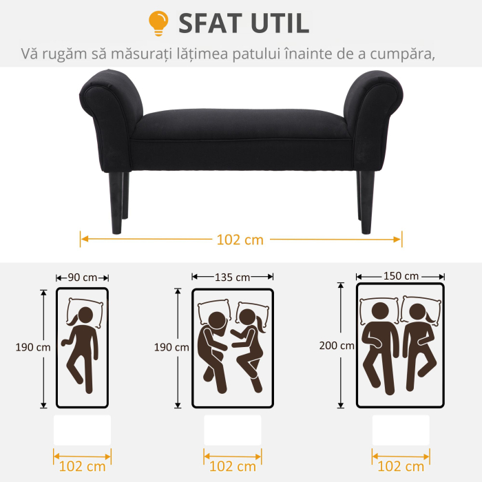  Banca Tapitata pentru Capatul Patului cu Brate Rulate, 102x35x51cm, Negru [7]