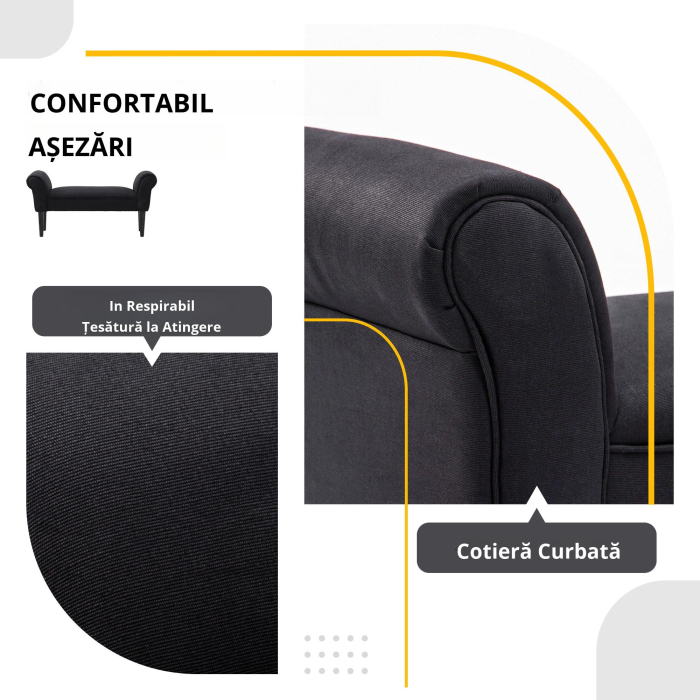  Banca Tapitata pentru Capatul Patului cu Brate Rulate, 102x35x51cm, Negru [5]