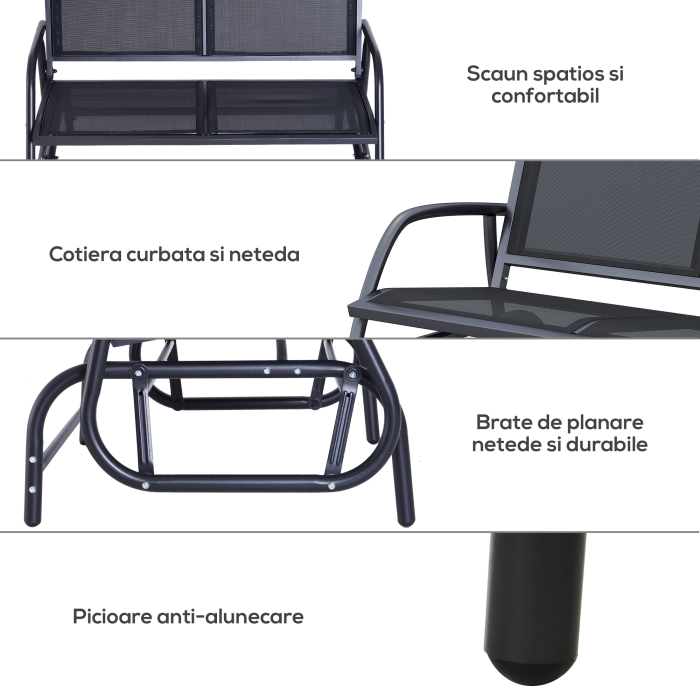  Banca Tip Leagan 2 Locuri din Metal, Negru, 123x70x87 cm [6]