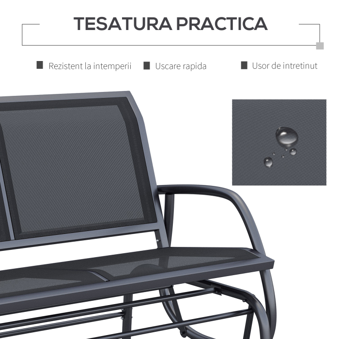  Banca Tip Leagan 2 Locuri din Metal, Negru, 123x70x87 cm [7]