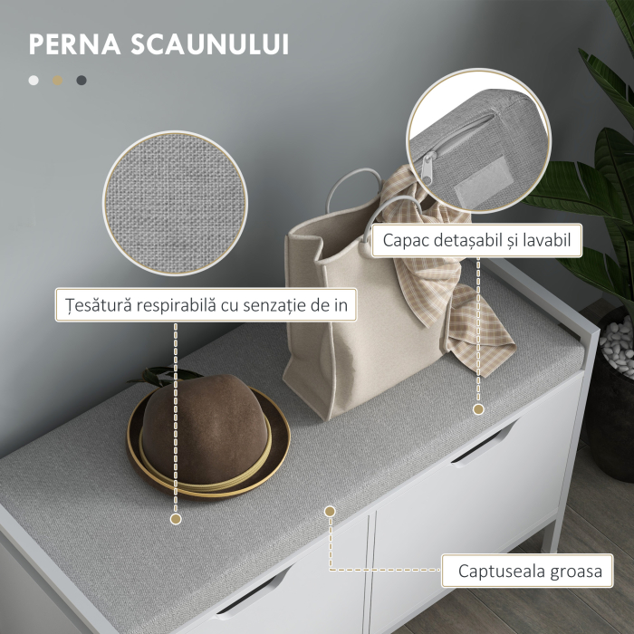  Bancheta Dulap pentru Pantofi cu 2 Compartimente si Perna, Dulap Pantofi pentru Hol, 84x35x50 cm, Alb [5]