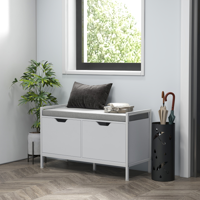  Bancheta Dulap pentru Pantofi cu 2 Compartimente si Perna, Dulap Pantofi pentru Hol, 84x35x50 cm, Alb [2]