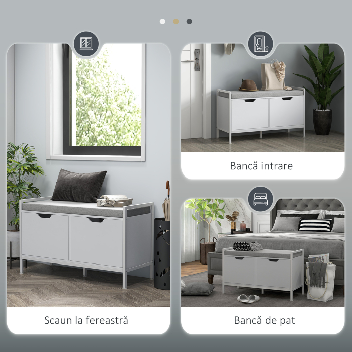  Bancheta Dulap pentru Pantofi cu 2 Compartimente si Perna, Dulap Pantofi pentru Hol, 84x35x50 cm, Alb [7]