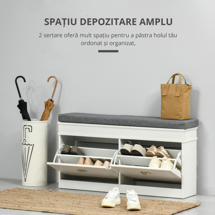  Bancheta Pantofar Lemn - Cu Sertare, Perna & Raft 8 Perechi [5]