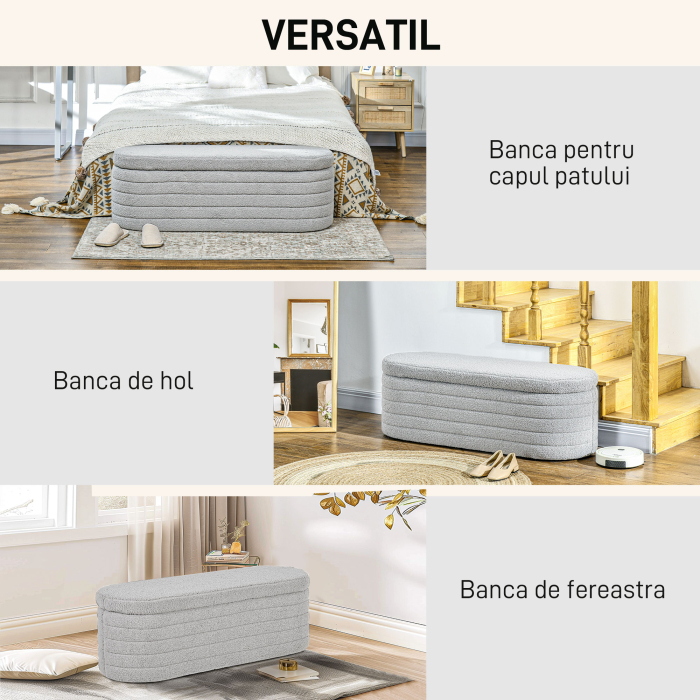  Bancheta Tapiţata cu Spaţiu de Depozitare si Picioare din Lemn de Eucalipt, 116x41x40.5 cm, Gri Deschis [6]