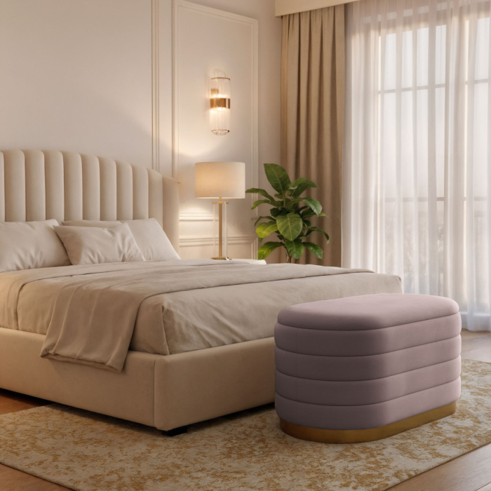 Bancheta tip puf cu depozitare, tapiterie velur, 80x42x42 cm, roz pudrat [7]