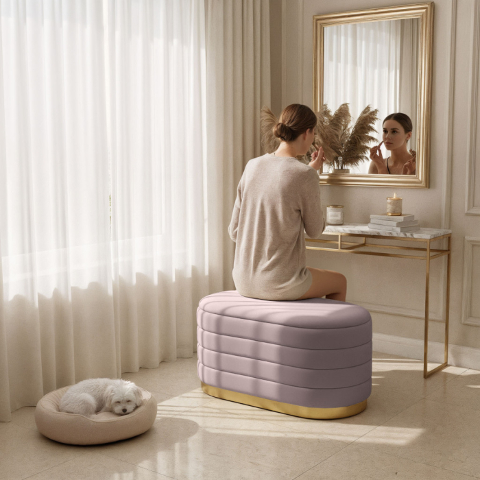 Bancheta tip puf cu depozitare, tapiterie velur, 80x42x42 cm, roz pudrat [6]