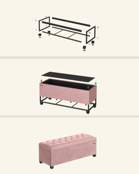 Bancuta depozitare cu picioare, velur matlasat, 103 litri, 110x40x40 cm, roz [6]