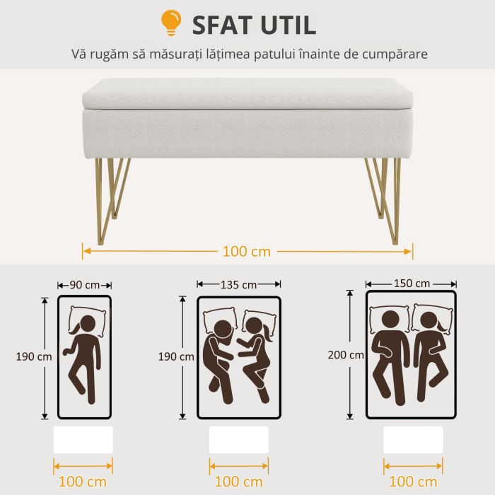  Bancuta Otoman 100 cm - Tapitata cu Depozitare & Picioare Elegante [4]