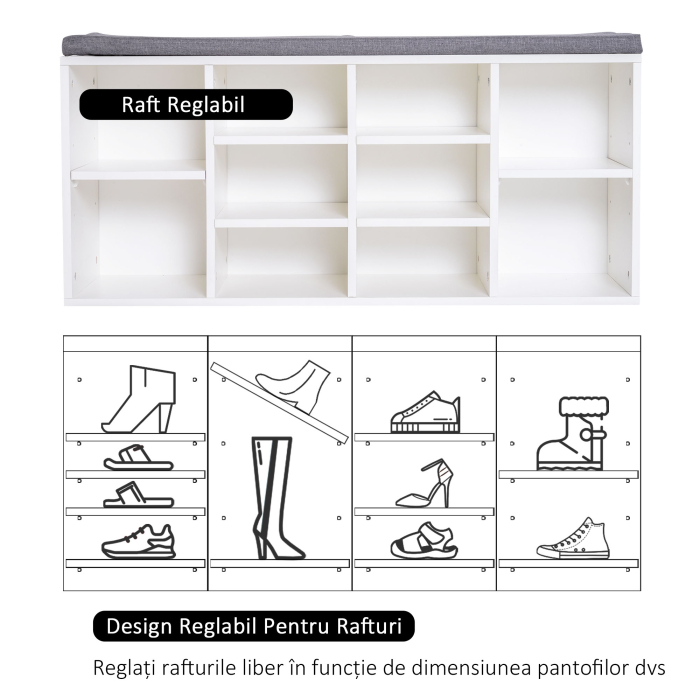  Bancuta Pantofi - 104×30×48 cm, Alb/Gri cu Rafturi Reglabile [4]